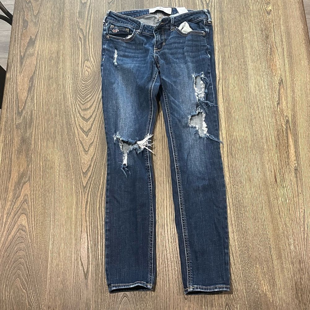 Hollister Super Skinny Jeans Distressed Whisker Denim Medium Wash Blue Size 27